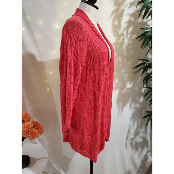Nic + Zoe Linen Blend Open Pointelle Knit Cardigan Size L Semi Sheer Coral Pink - Picture 4 of 10